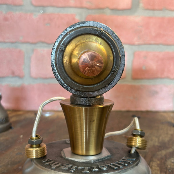 Front view of Steampunk Pipe Lamp Dimmer Module with copper and brass components mounted on a metallic base labeled 'Wattcrafts'.