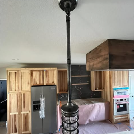 Black rod light, hanging fixture, industrial cage