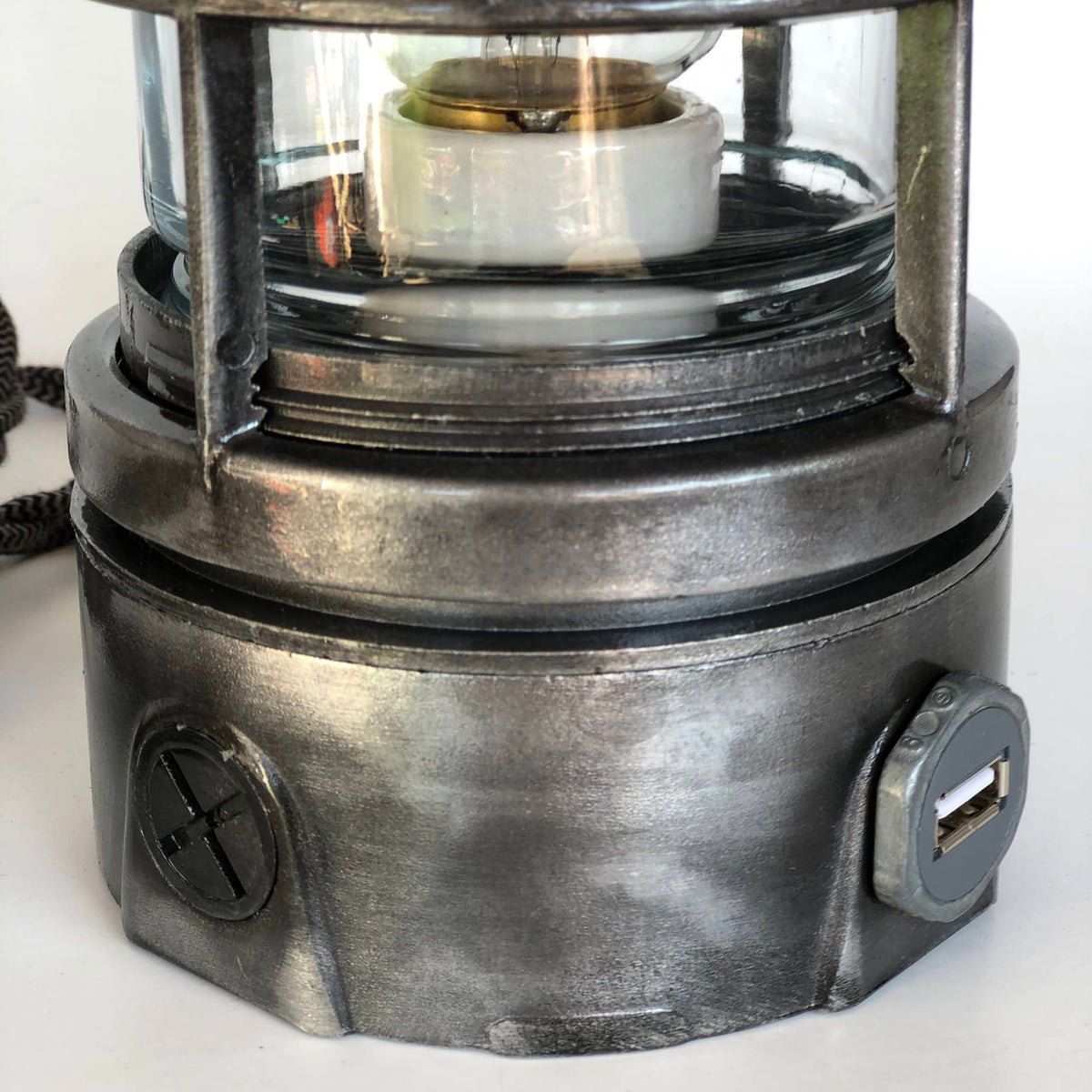aged industrial table lamp gray lamp base with bult in usb plug