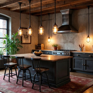 rustic industrial ceiling light with metal cage and wood base 