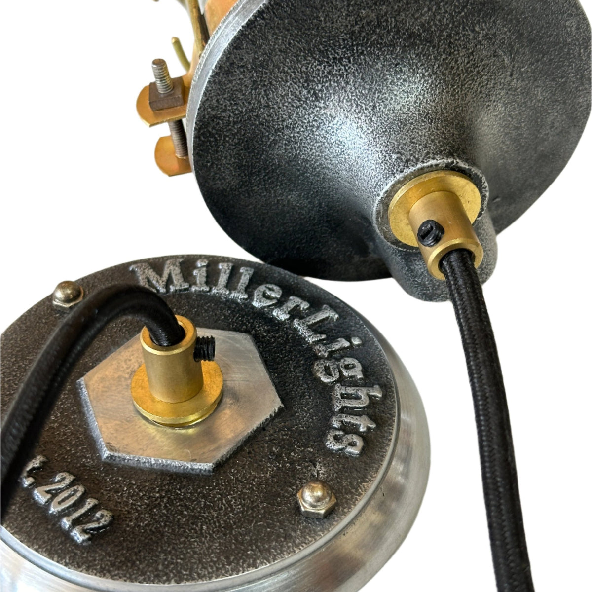 vintage brass and distressed black pendant light fixture 
