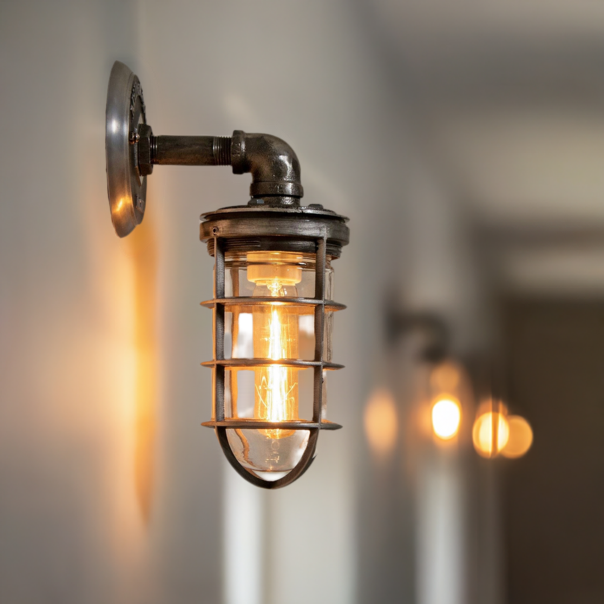 MillerLights 'The Ward' industrial wall sconce mounted in a long hallway, illuminated with a warm ambient glow from a clear glass jelly jar guard and an elongated vintage Edison bulb.