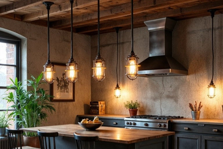 Industrial style ceiling pendant lights over the kitchen island for rustic homes