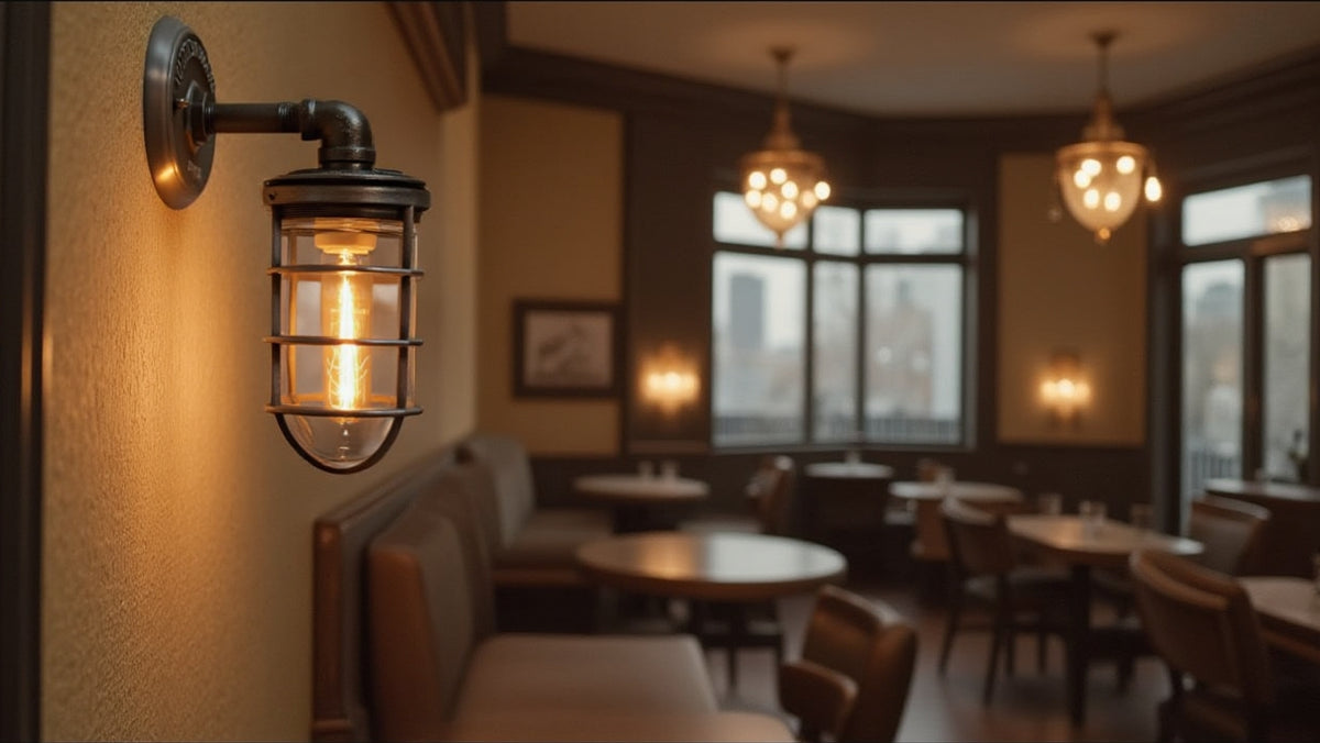 MillerLights 'The Ward' industrial single cage wall sconce illuminated with a warm amber glow, mounted as accent lighting in a moody restaurant dining room with leather booths and wood tables.