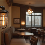 MillerLights 'The Ward' industrial single cage wall sconce illuminated with a warm amber glow, mounted as accent lighting in a moody restaurant dining room with leather booths and wood tables.