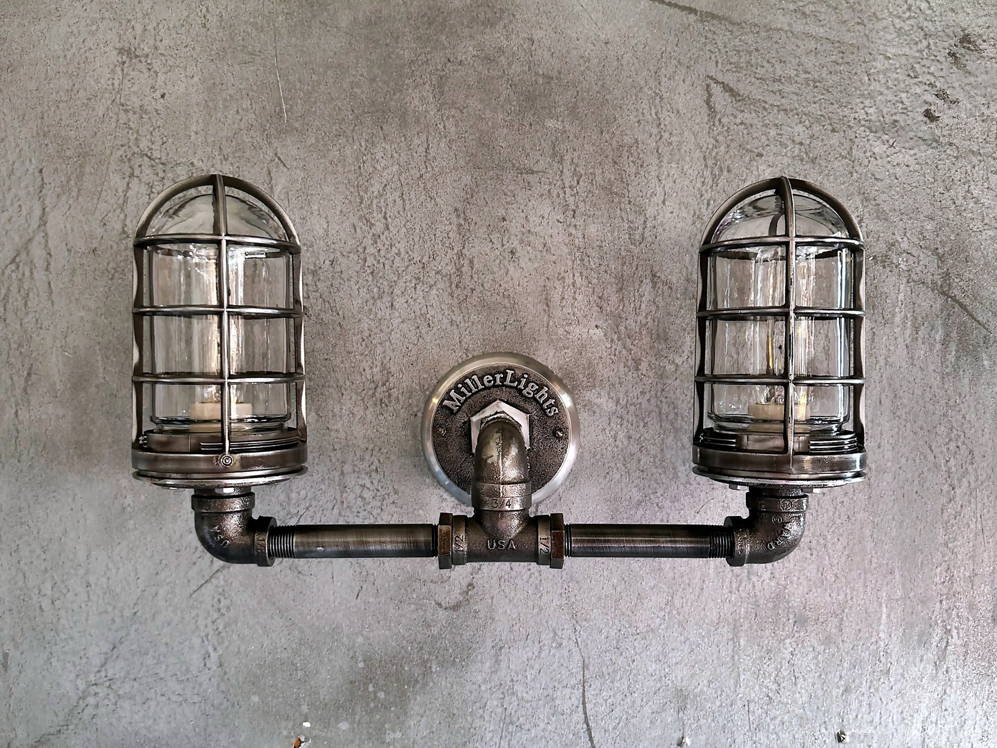 2 metal cage wall light fixture industrial water pipe