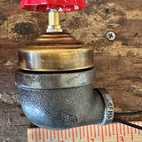Metal valve with red handle for iron pipe.