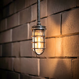A vintage-style industrial light fixture with a metal cage and exposed bulb hanging against a textured brick wall, casting a warm glow.