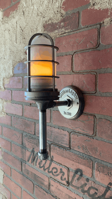 Frosted Jar + LED Flame Bulb Torch Wall mount light | Industrial Cage Wall sconce  