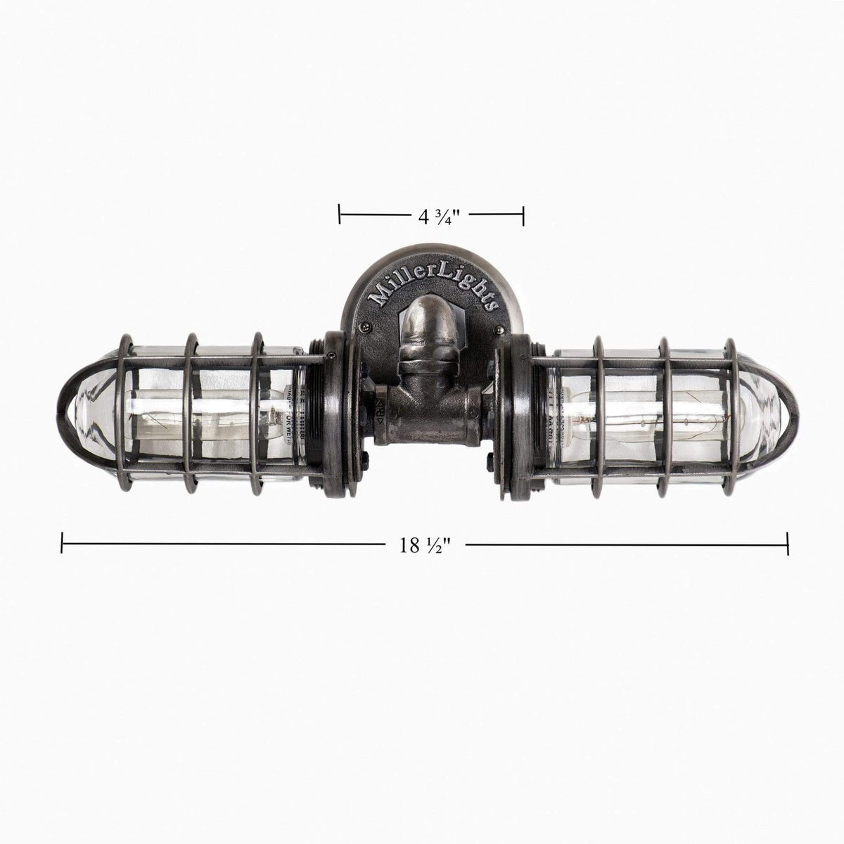 MillerLights industrial antiqued steel conduit wall sconce featuring a double horizontal iron pipe design with protective metal wire cages and clear glass jars over vintage Edison bulbs.