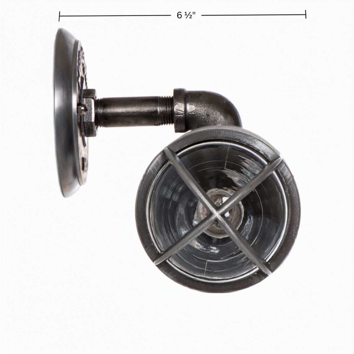 Technical side profile view of the MillerLights industrial vanity wall sconce showing a 6.5 inch clearance depth measurement from the wall mounting plate to the front of the protective wire cage.