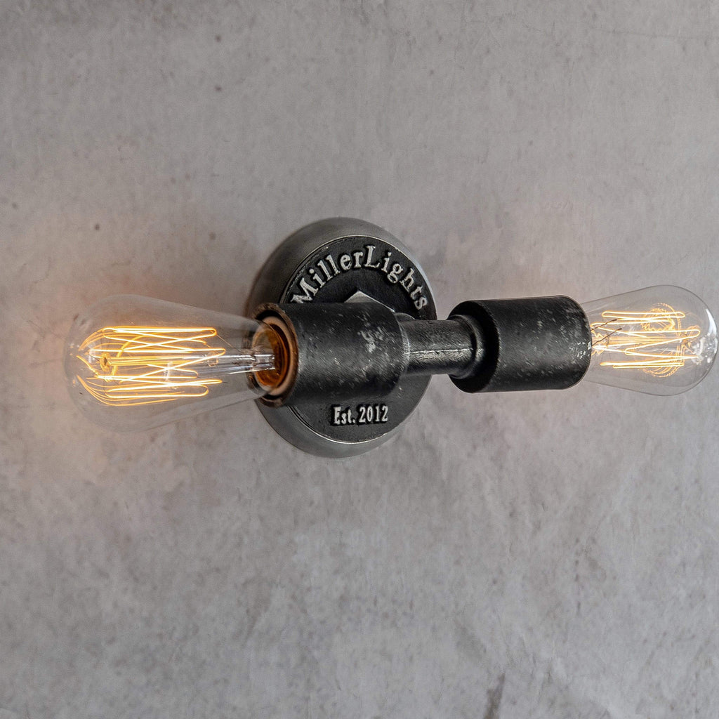 Minimalist Industrial Exposed Bulb, 2 light wall sconce- Grunge Black