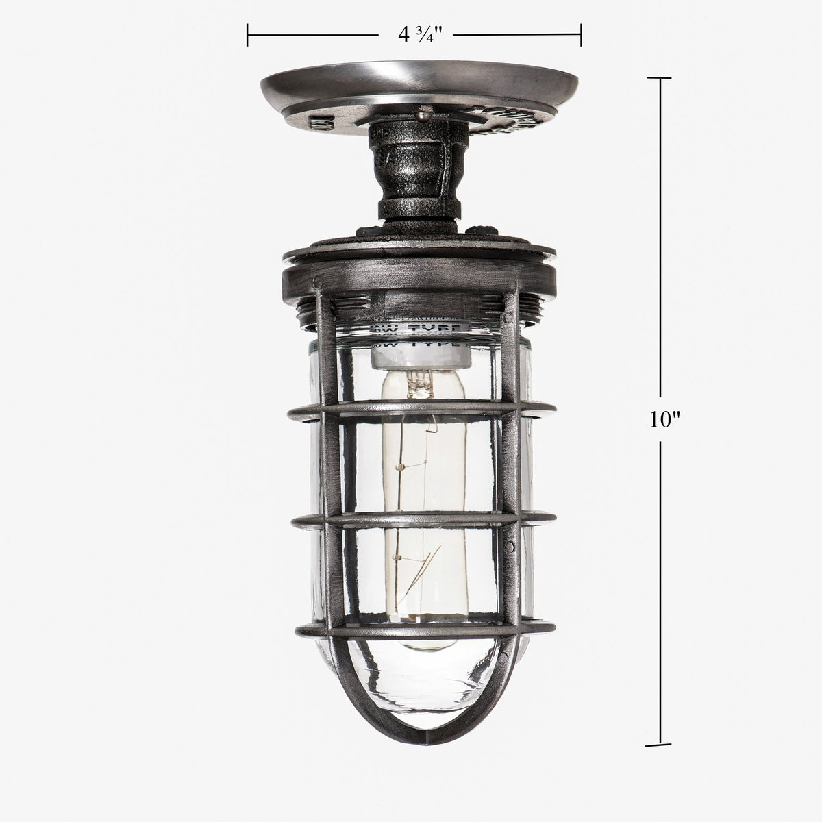 Sizing diagram of The Ward industrial semi flush mount ceiling light fixture, displaying a 10 inch total fixture length and a 4.75 inch ceiling canopy mounting plate diameter.